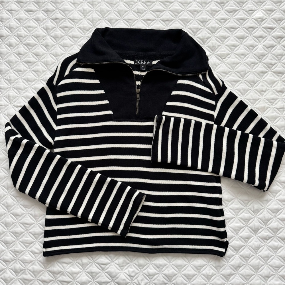 J. Crew Heritage Terry Quarter Zip Sweatshirt Black White Strips Size XS